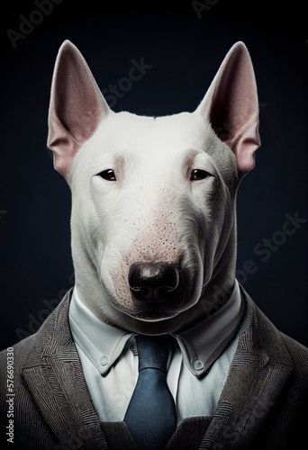 Print op canvas Portrait of a dog Bull Terrier dressed in a formal business suit, Generative AI