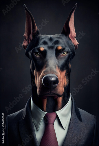 Fényképezés Portrait of a dog Dobermann dressed in a formal business suit, Generative AI