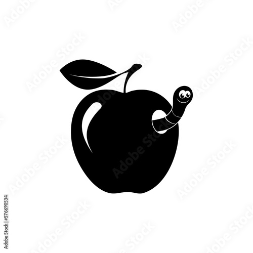 Apple silhouette with worm and leaf. Simple vector illustration in a flat style.