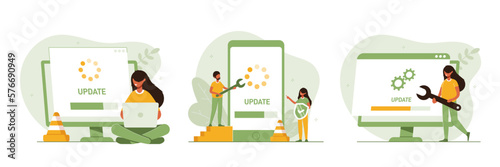 System or web application upgrade procedure set. Concept of software version update or renewal process indication. Collection flat colorful vector illustration for banner, poster.