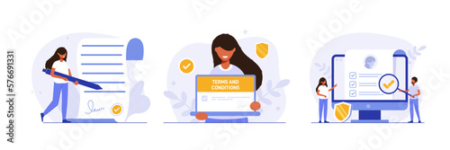 Contract illustration set. Character gets acquainted with legal document, electronic contract or agreement online. Person reads and signs terms of contract. Collection flat vector illustration.