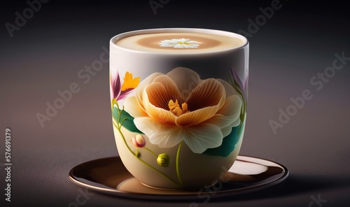  a coffee cup with a flower painted on it sitting on a saucer.  generative ai