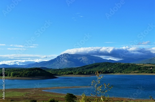 Panoramic view with lake and clouds