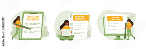 Contract illustration set. Character gets acquainted with legal document, electronic contract or agreement online. Person reads and signs terms of contract. Collection flat vector illustration.
