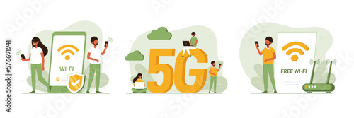 Concept set of mobile network, wireless Internet connection technology. Wifi illustration. People use device to connect Internet network Modern colorful flat vector illustration for poster, banner.