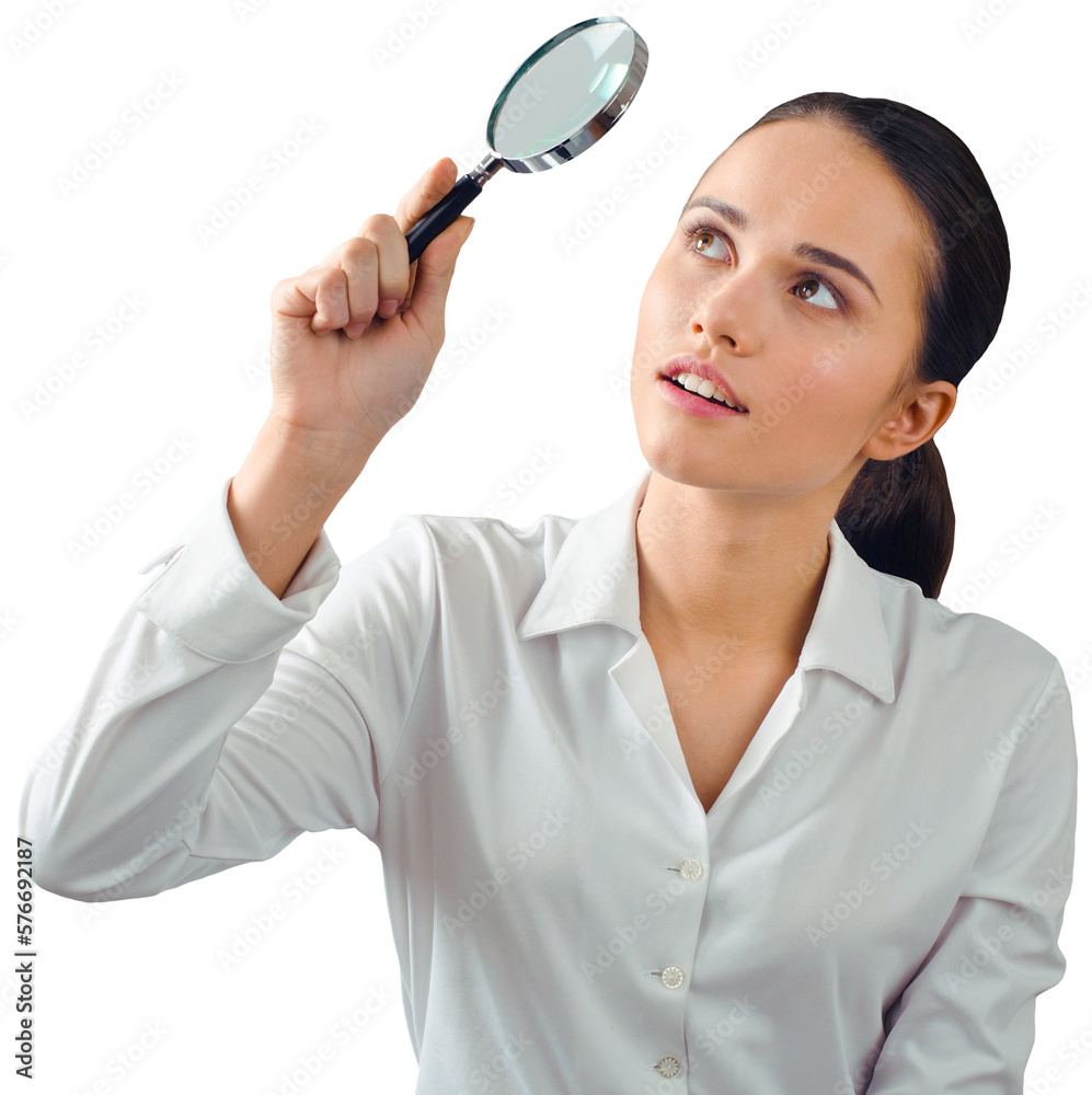 Woman Looking Through Magnifying Glass - Isolated Woman Looking Through Magnifying Glass - Isolated