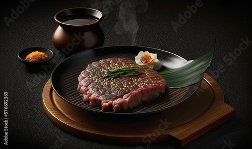  a steak on a grill with a flower on a plate. generative ai
