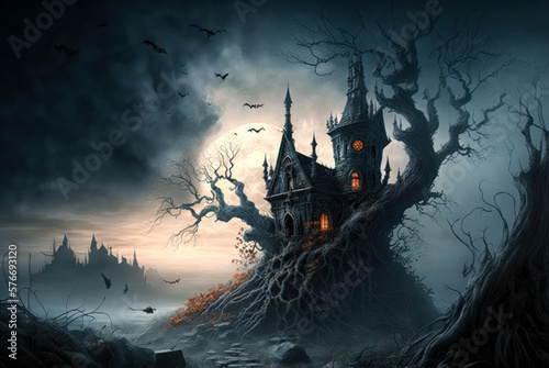 House in a dead tree, full moon, horror, Halloween. Generative AI