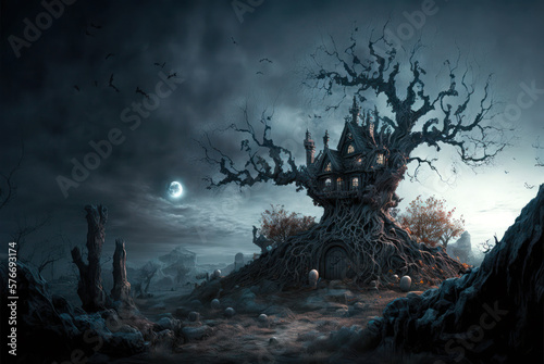 House in a dead tree, horror, Halloween, copyspace. Generative AI