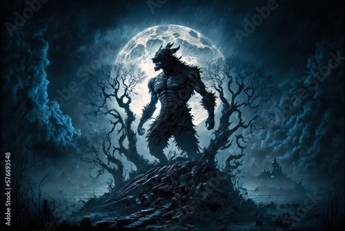 Werewolf with full moon, horror. Generative AI