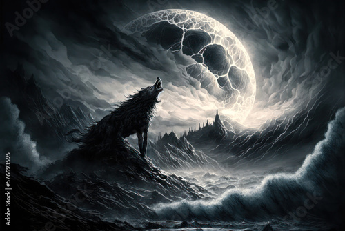 Fotografie Wolf howling at full moon, night, horror. Generative AI