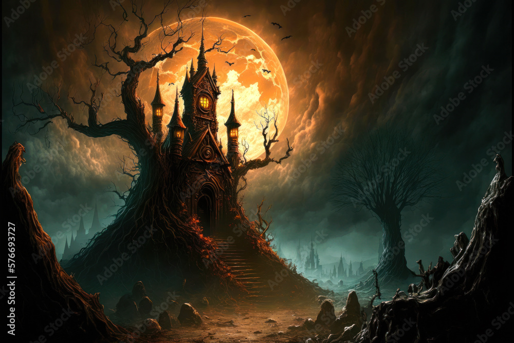 Castle with steps, dead tree and large full moon, Halloween, horror. Generative AI Castle with steps, dead tree and large full moon, Halloween, horror. Generative AI