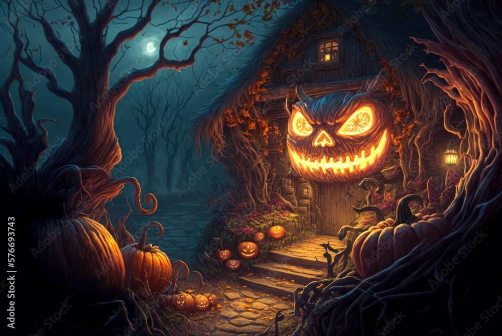 House with Halloween pumpkin over door, night, horror. Generative AI House with Halloween pumpkin over door, night, horror. Generative AI