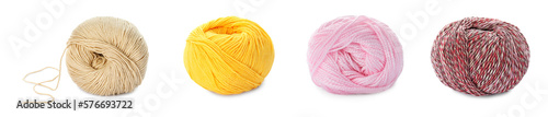 Collage with colorful yarns on white background