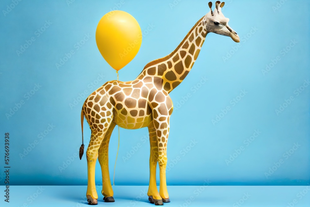 Obraz premium Full-Length Yellow Giraffe Posing With A Yellow Balloon Isolated On A Light Blue Background. Birthday Safari Party Theme. Generative AI