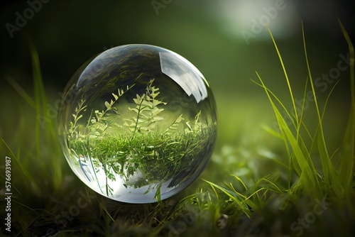 Glass Globe On Grass,Environmental Conservation Concept. Generative AI