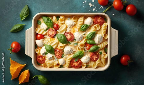  a dish of pasta with tomatoes, mozzarella and basil. generative ai