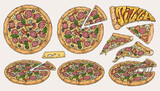 Pizza slices set colorful stickers