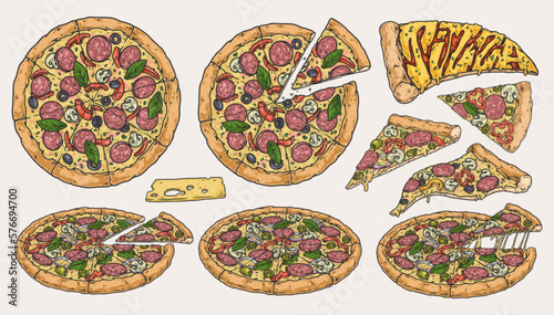 Pizza slices set colorful stickers