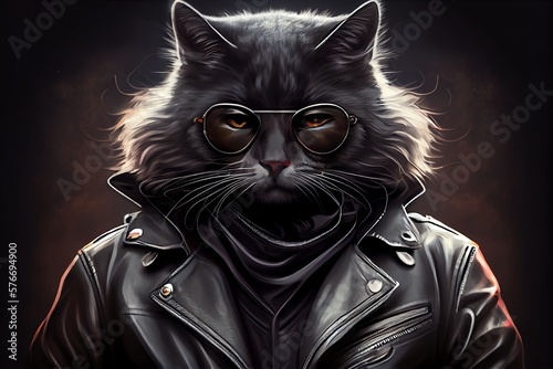 Photo Portrait Of A Macho Cat Wearing A Black Leather jacket