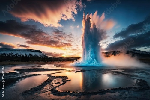 Photographie Geyser eruption in a national park, pink clouds in the background at sunset