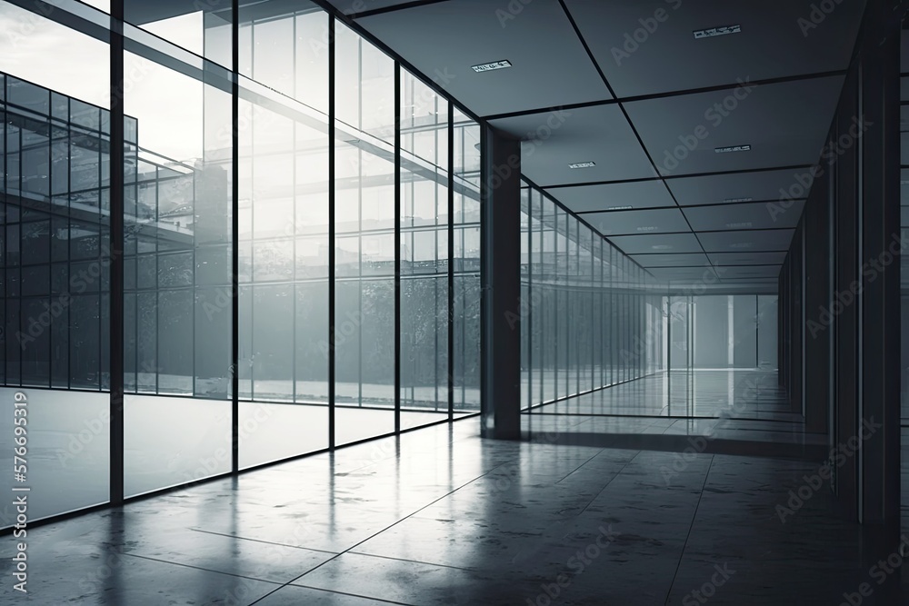Fototapeta premium Empty hall in an office building with floor to ceiling glass windows. Generative AI. 