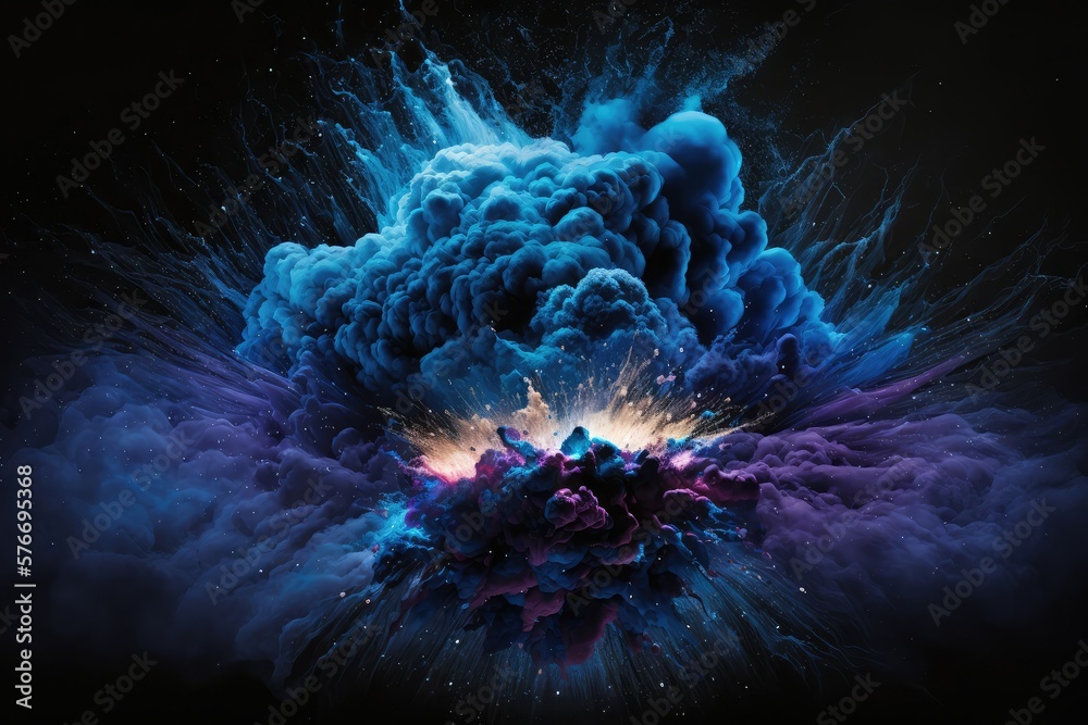 Obraz premium Blue and purple powder color explosion isolated on black background. Generative AI. 