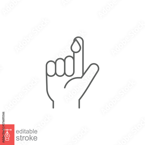 Blood on finger line icon. Vector people hand injured isolated symbol. Glucose, insulin test, diabetes concept. Simple outline style. Sign illustration on white background. Editable stroke EPS 10.