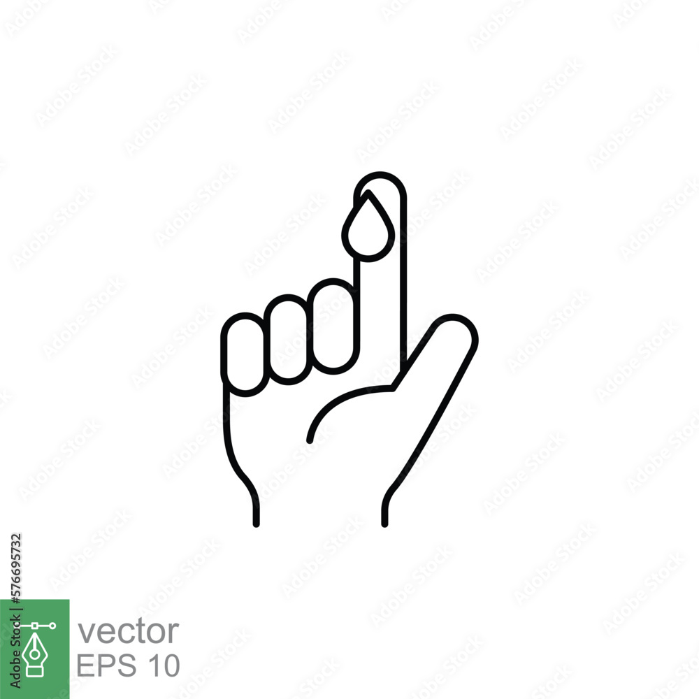Fototapeta premium Blood on finger line icon. Vector people hand injured isolated symbol. Glucose, insulin test, diabetes concept. Simple outline style. Sign illustration on white background. EPS 10.