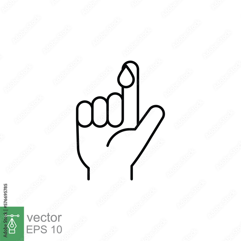 Blood on finger line icon. Vector people hand injured isolated symbol. Glucose, insulin test, diabetes concept. Simple outline style. Sign illustration on white background. EPS 10. Blood on finger line icon. Vector people hand injured isolated symbol. Glucose, insulin test, diabetes concept. Simple outline style. Sign illustration on white background. EPS 10.