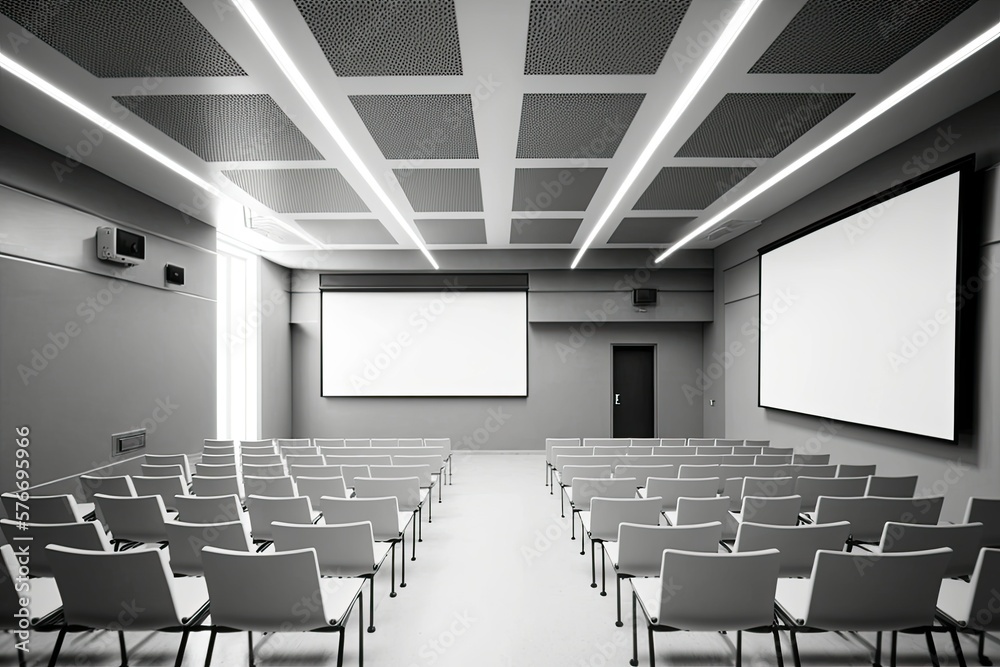 Large empty school conference room, monochrome. Generative AI. Large empty school conference room, monochrome. Generative AI.