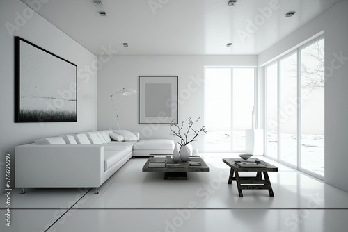 Monochrome modern open living room with large windows. Generative AI.  © VisualProduction