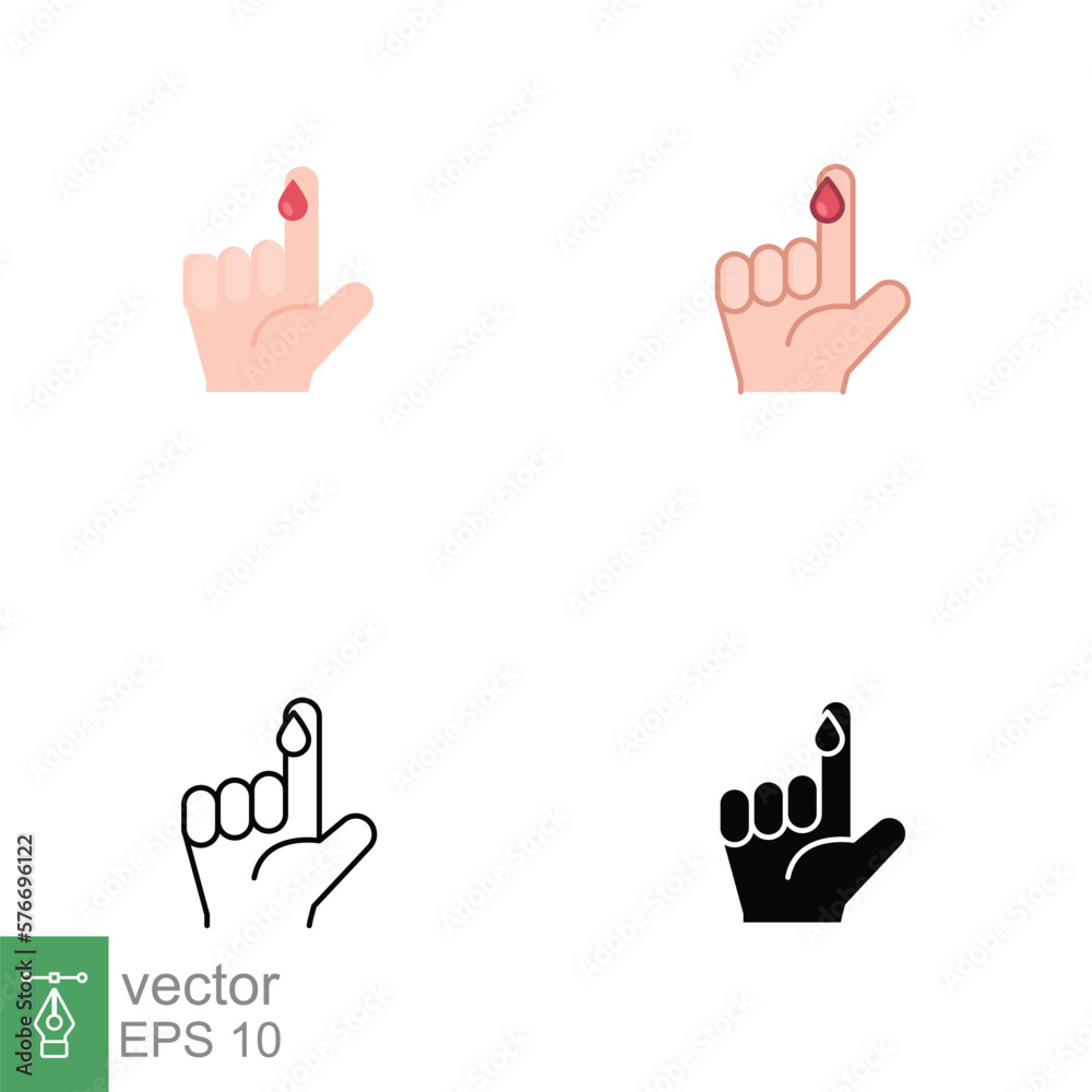 Obraz premium Blood on finger icons in different style. Vector people hand injured isolated symbol. Glucose, insulin test, diabetes concept. Designed in filled outline, line, flat, glyph and solid style. EPS 10.