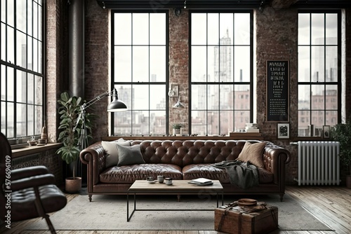 Rustic style living room with leather sofa and brick wall. Generative AI.  © VisualProduction