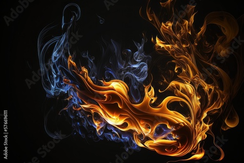 Fire flames on black background, isolated. Generative AI. 