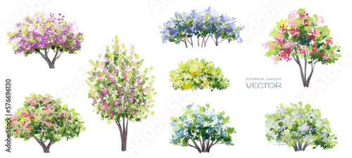 Fotografering Vector watercolor blooming flower tree side view isolated on white background fo