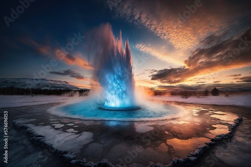 Geyser eruption with pink sunset in the background. Generative AI. 