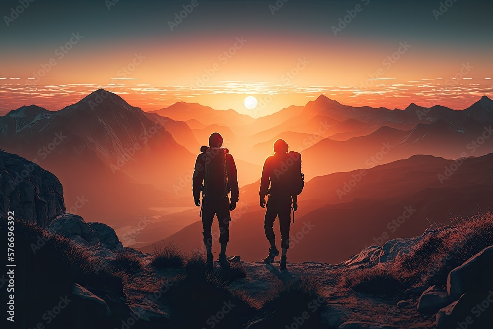 Back view couple of hikers looking into the sunset up in the mountains. Generative AI. 