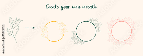 Wreath creation kit. Set of the hand-drawn botanical wreaths. Wedding flourish laurel wreaths for invitation card.