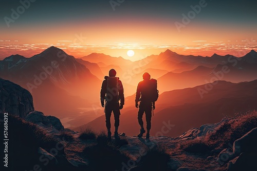 Back view couple of hikers looking into the sunset up in the mountains. Generative AI. 