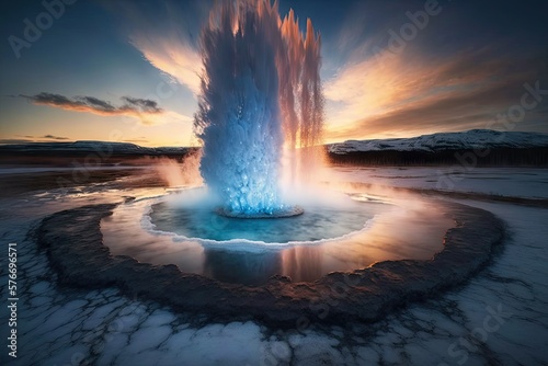 Geyser explosion with sunset in the background. Generative AI. 