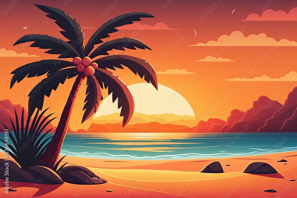 Sunrise or sunset on a tropical beach with a coconut palm in the background. Generative AI