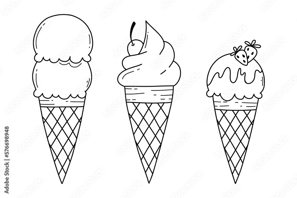 Set of ice creams in doodle style. Vector illustration. Linear style. Ice cream in a waffle cone with tubers.