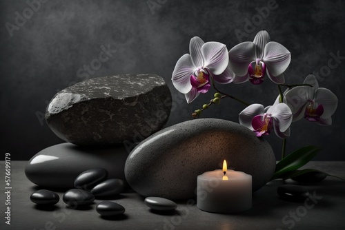 illustration, spa stones, orchids and candles on a gray table, ai generative