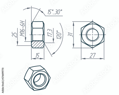 Nut drawing. Technical vector illustration. Main view, side view and 3D isometric view. Hexagon-shaped fastener with a threaded hole for fixing the bolted connection.