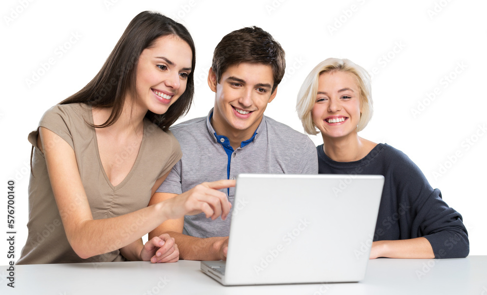 Teenager young cute happy friends using a laptop computer Teenager young cute happy friends using a laptop computer