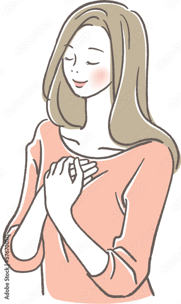 胸に手を当てて目を閉じる女性 胸に手を当てて目を閉じる女性
