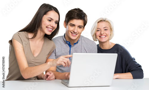 Teenager young cute happy friends using a laptop computer