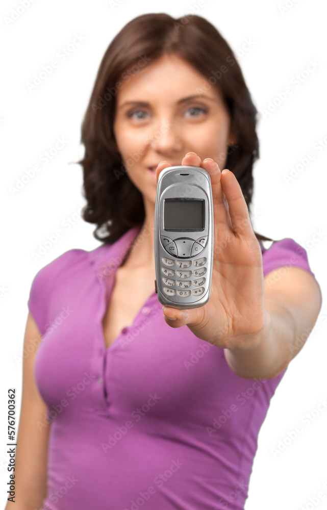 Close-up portrait of young woman with phone isolated on white background Close-up portrait of young woman with phone isolated on white background