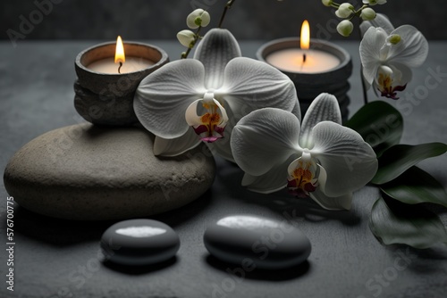 illustration  spa stones  orchids and candles on a gray table